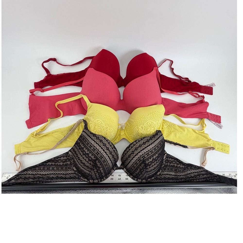 Victoria's Secret 38C Bra Lot of 4 Push Up Perfect Shape Lace Red Pink Yellow